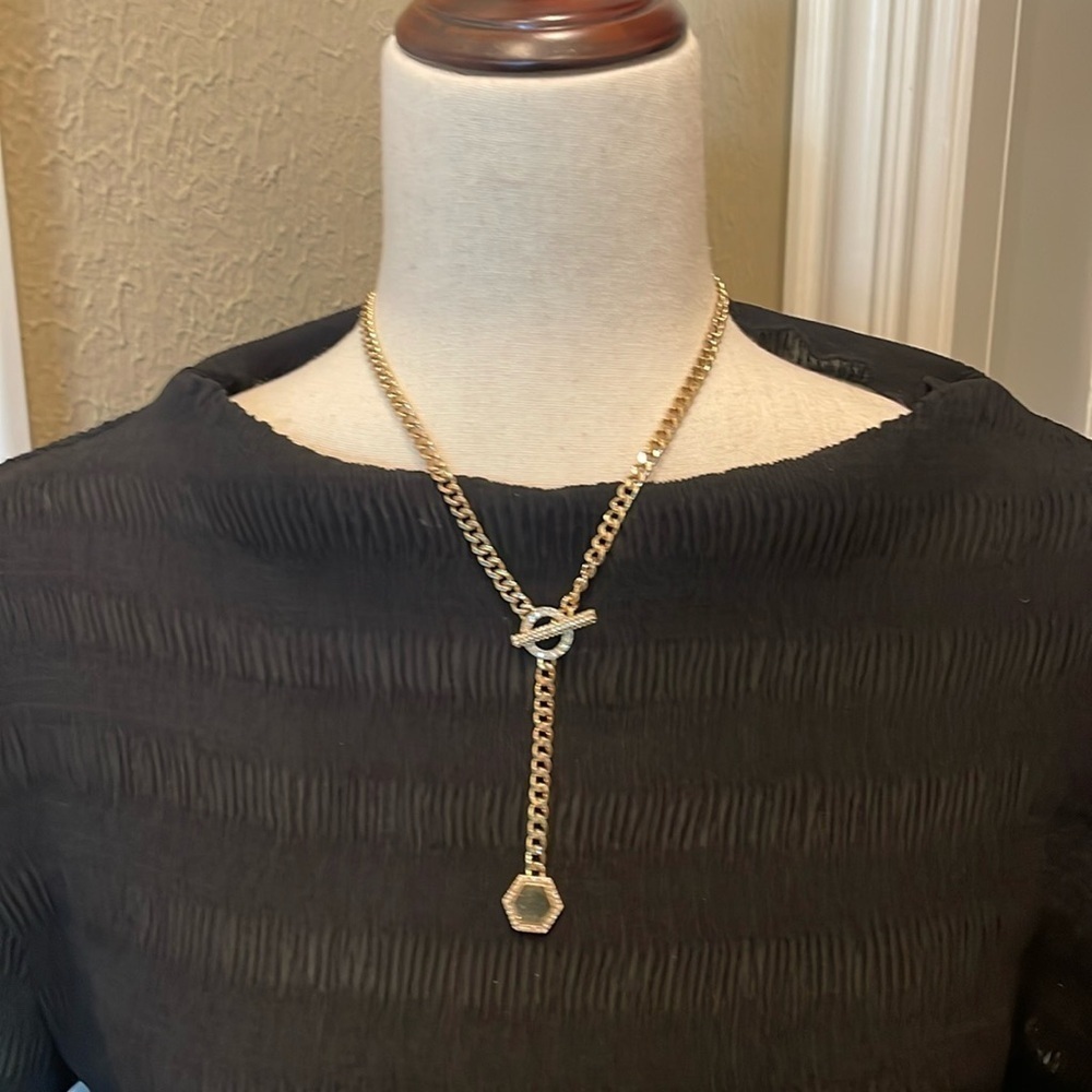 Banana Republic Hexagon Pendant Y Necklace Gold  16" w/3" Drop